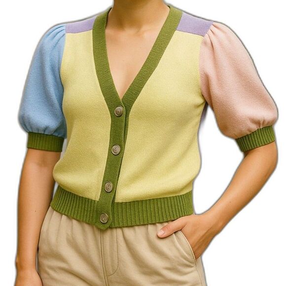 SO Short Sleeve Sweater Button Front Yellow Purple Blue Pink Green Size Small - Picture 1 of 9